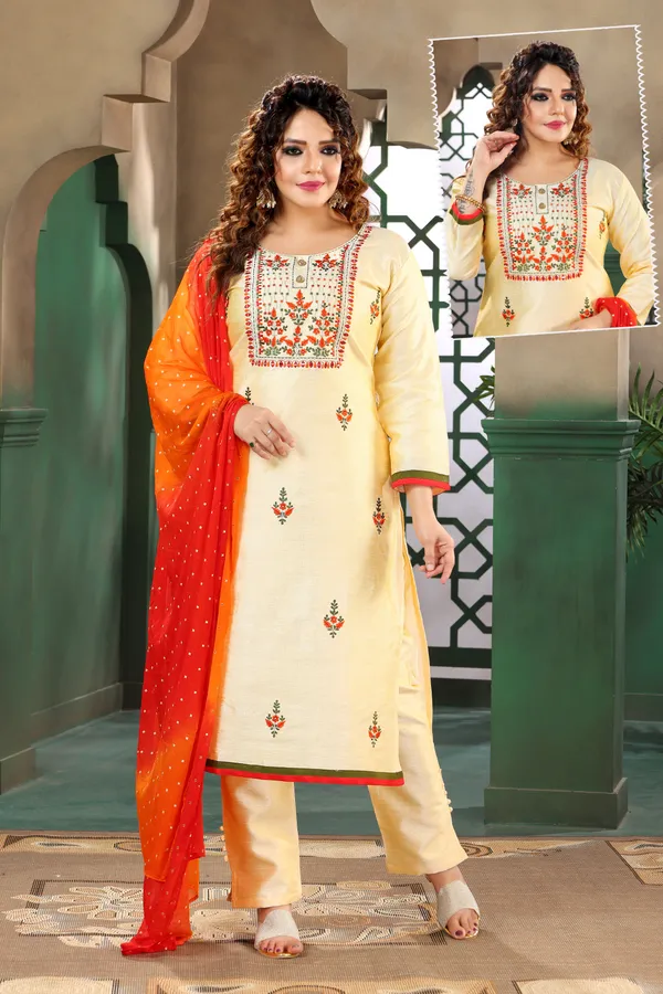 Beige_Banglori_Silk_Kurta,_Pant_&_Dupatta_Set_For_Women_&_Girls