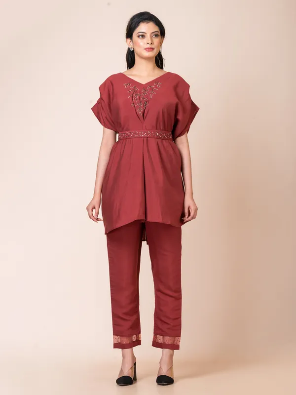 Maroon_Muslin_Embroidered_Co-Ord_Set_For_Women