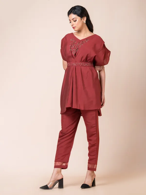 Maroon_Muslin_Embroidered_Co-Ord_Set_For_Women