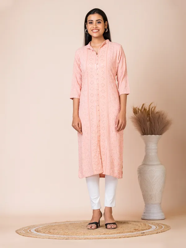 Peach_Cotton_Chikankari_Kurti_For_Women