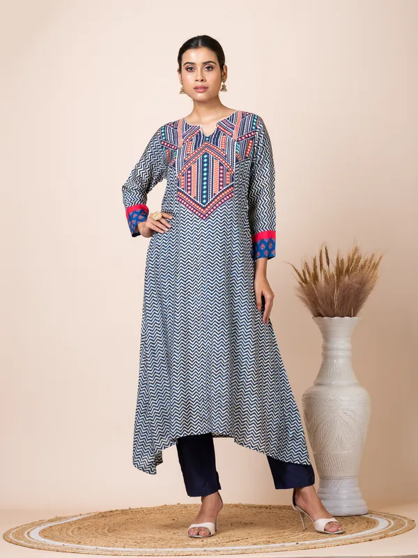 Blue_Muslin_Printed_A-Line_Kurta_With_Pant_For_Women