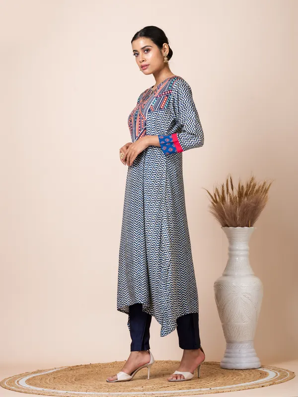 Blue_Muslin_Printed_A-Line_Kurta_With_Pant_For_Women