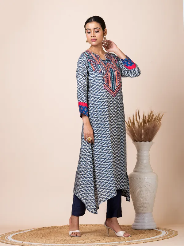 Blue_Muslin_Printed_A-Line_Kurta_With_Pant_For_Women