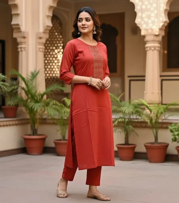 Deep_Orangish_Red_With_Golden_Thread_Embroidery_Kurti_For_Women