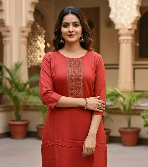 Deep_Orangish_Red_With_Golden_Thread_Embroidery_Kurti_For_Women