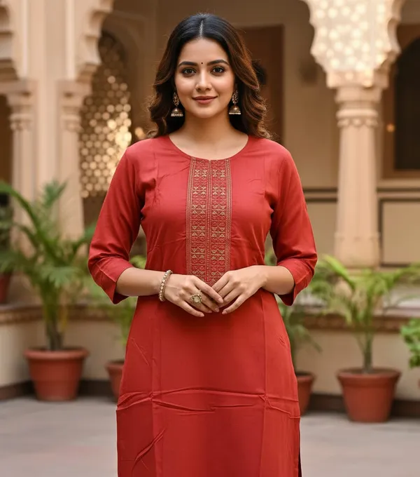 Deep_Orangish_Red_With_Golden_Thread_Embroidery_Kurti_For_Women