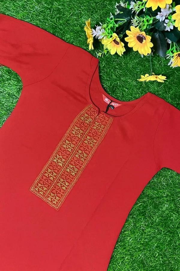 Deep_Orangish_Red_With_Golden_Thread_Embroidery_Kurti_For_Women