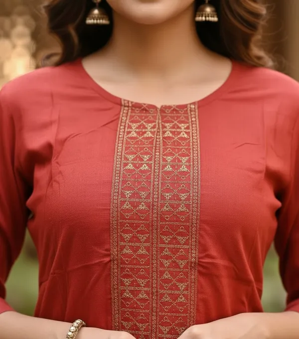 Deep_Orangish_Red_With_Golden_Thread_Embroidery_Kurti_For_Women