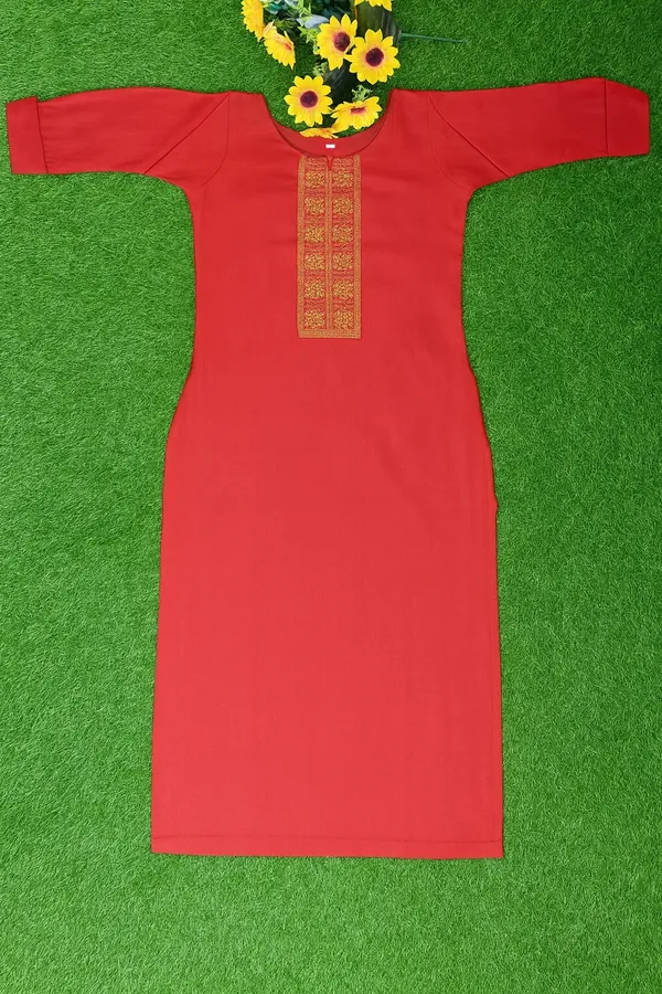 Deep_Orangish_Red_With_Golden_Thread_Embroidery_Kurti_For_Women
