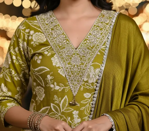 Olive_Green_Zari_Bloom_Kurta_Set_Suit_Set_For_Women