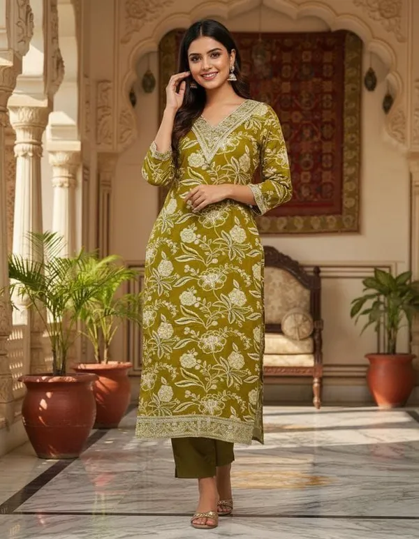 Olive_Green_Zari_Bloom_Kurta_Set_Suit_Set_For_Women