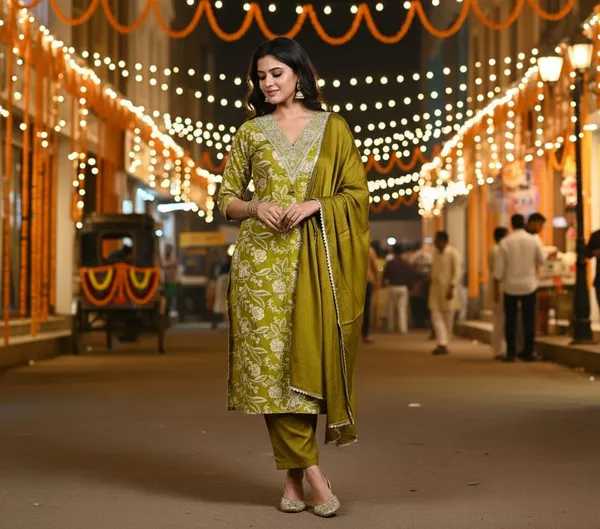 Olive_Green_Zari_Bloom_Kurta_Set_Suit_Set_For_Women