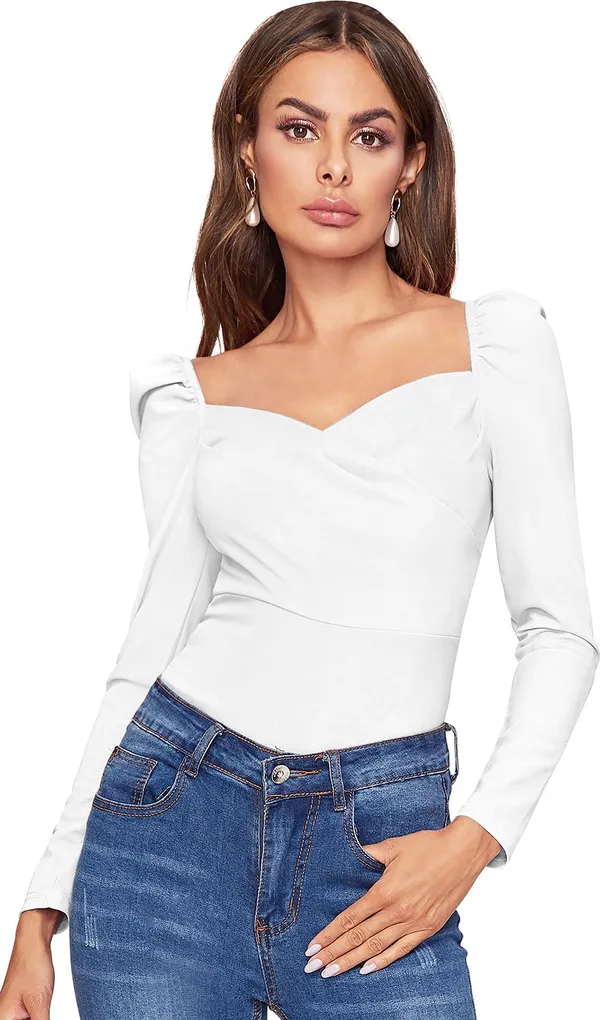 White_Solid_Polyester_Sweetheart_Neck_Full_Sleeve_Regular_Top_For_Women