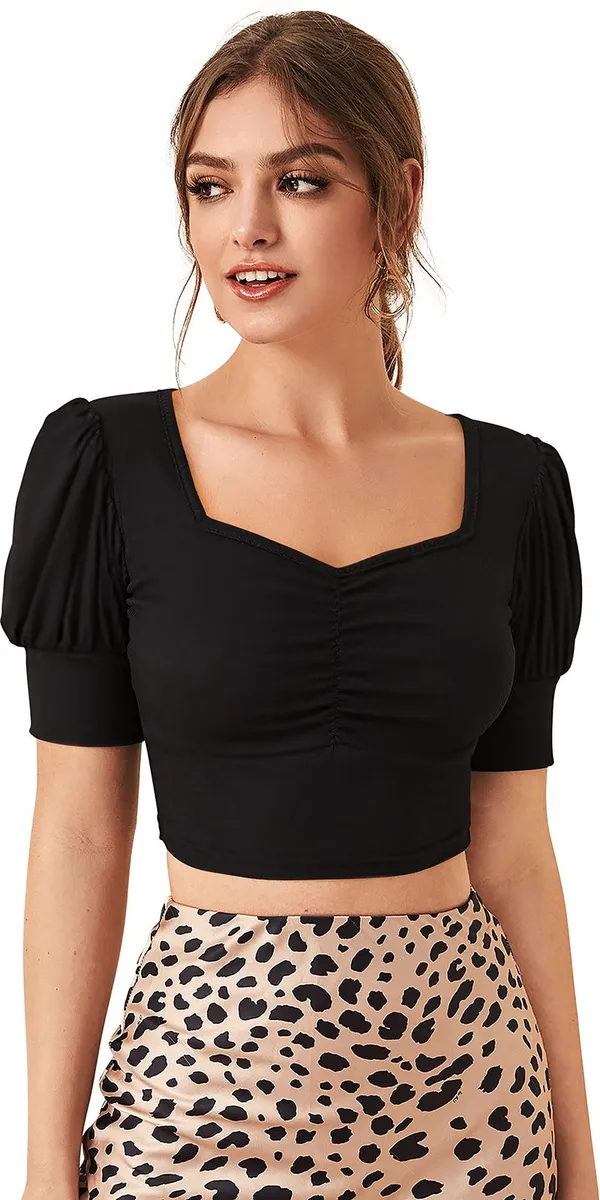 Black_Solid_Polyester_Square_Neck_Short_Sleeve_Crop_Top_For_Women