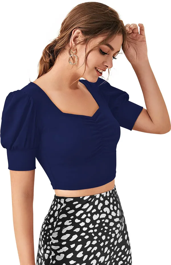 Dark_Blue_Solid_Polyester_Square_Neck_Short_Sleeve_Crop_Top_For_Women