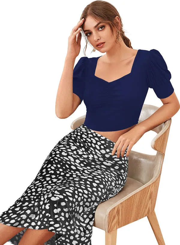 Dark_Blue_Solid_Polyester_Square_Neck_Short_Sleeve_Crop_Top_For_Women