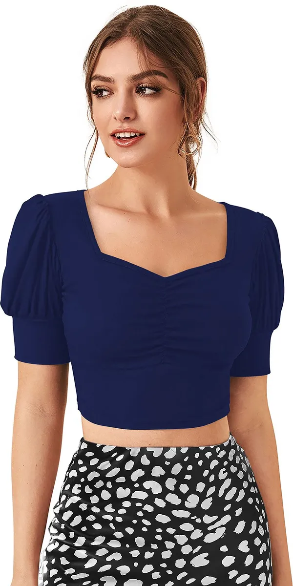 Dark_Blue_Solid_Polyester_Square_Neck_Short_Sleeve_Crop_Top_For_Women