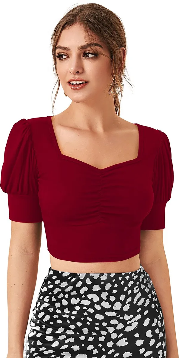Maroon_Solid_Polyester_Square_Neck_Short_Sleeve_Crop_Top_For_Women