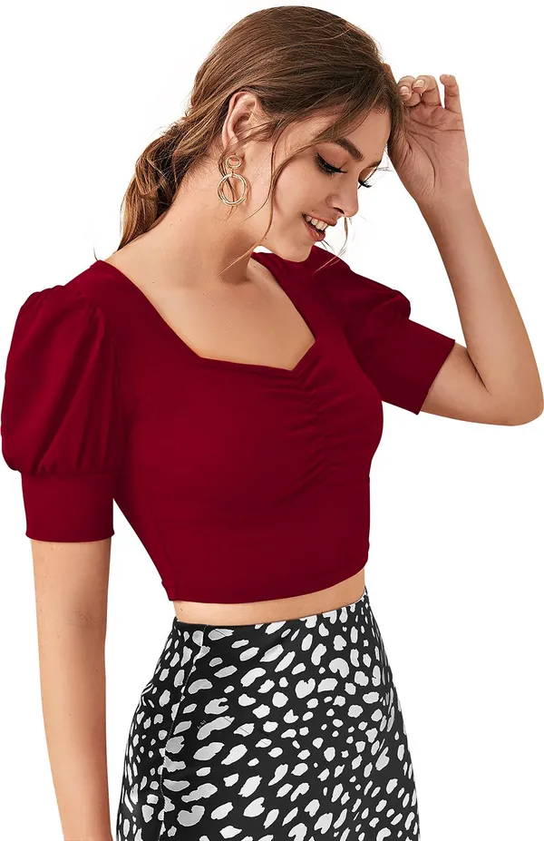 Maroon_Solid_Polyester_Square_Neck_Short_Sleeve_Crop_Top_For_Women