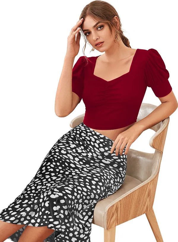 Maroon_Solid_Polyester_Square_Neck_Short_Sleeve_Crop_Top_For_Women