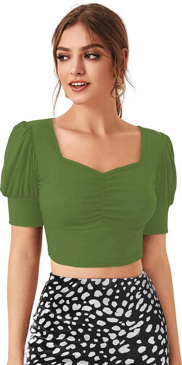 Dark_Green_Solid_Polyester_Square_Neck_Short_Sleeve_Crop_Top_For_Women