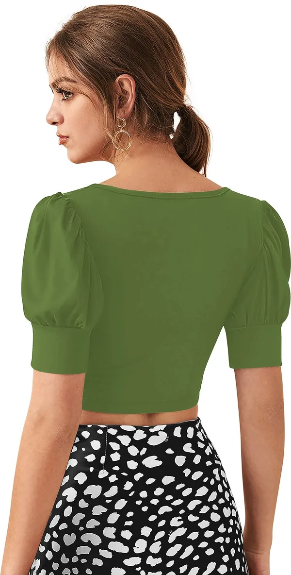 Dark_Green_Solid_Polyester_Square_Neck_Short_Sleeve_Crop_Top_For_Women