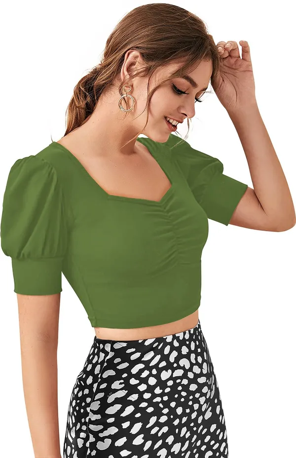 Dark_Green_Solid_Polyester_Square_Neck_Short_Sleeve_Crop_Top_For_Women