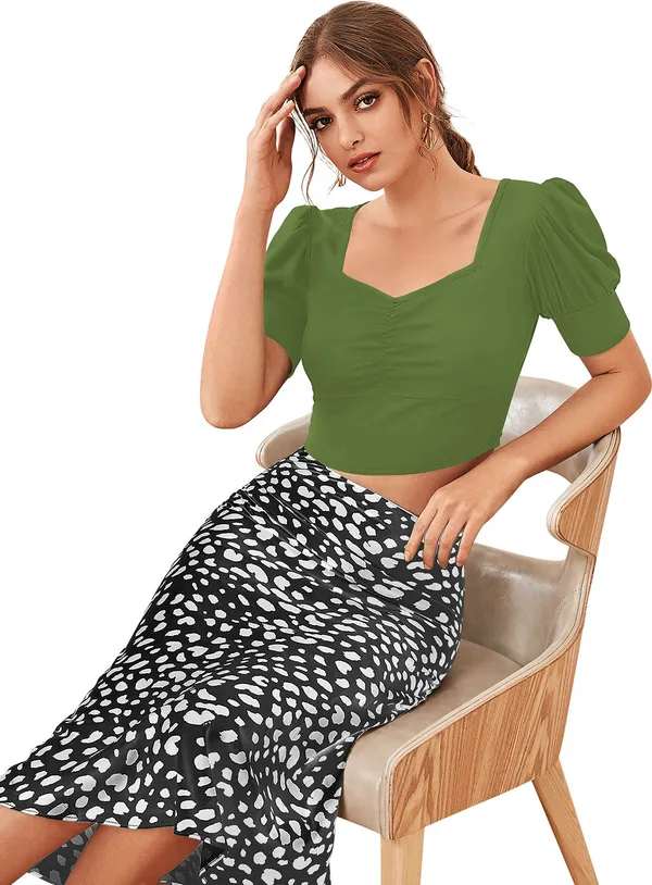 Dark_Green_Solid_Polyester_Square_Neck_Short_Sleeve_Crop_Top_For_Women