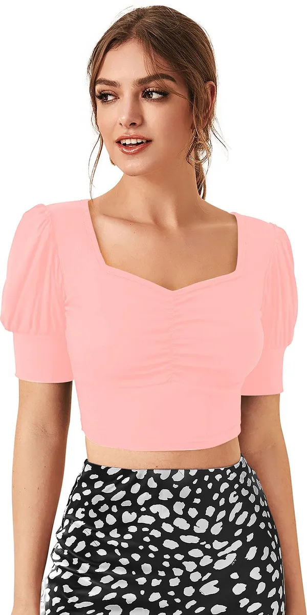Pink_Solid_Polyester_Square_Neck_Short_Sleeve_Crop_Top_For_Women