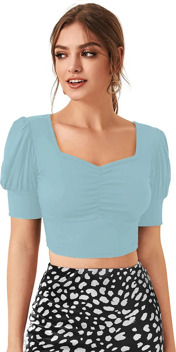 Light_Blue_Solid_Polyester_Square_Neck_Short_Sleeve_Crop_Top_For_Women
