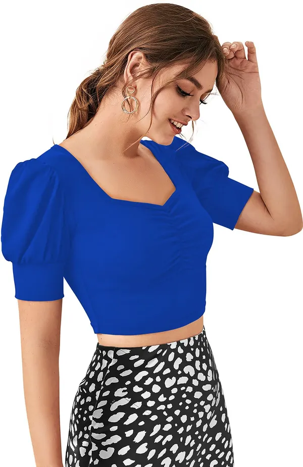 Blue_Solid_Polyester_Square_Neck_Short_Sleeve_Crop_Top_For_Women