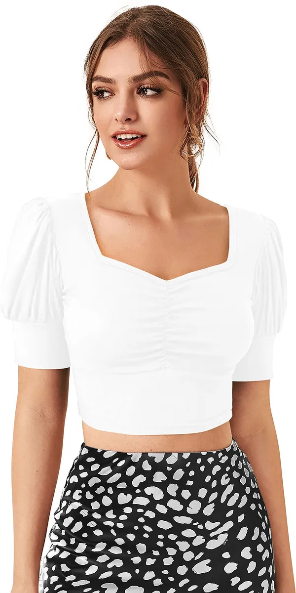 White_Solid_Polyester_Square_Neck_Short_Sleeve_Crop_Top_For_Women
