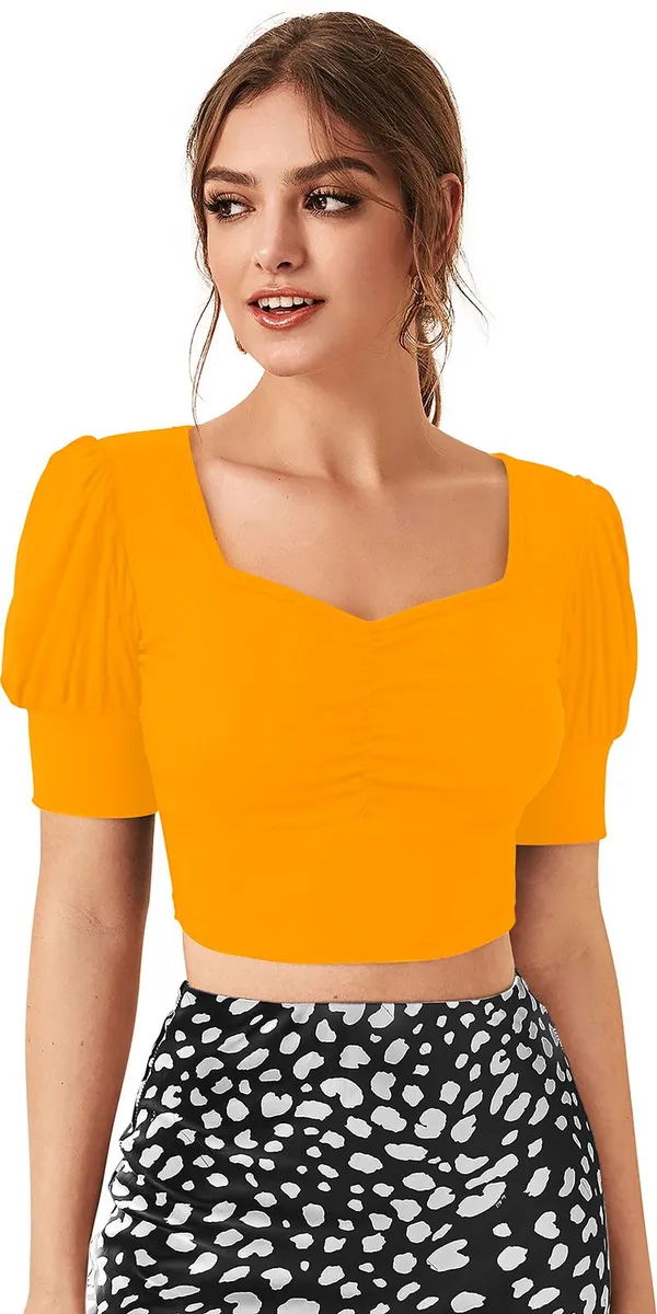 Yellow_Solid_Polyester_Square_Neck_Short_Sleeve_Crop_Top_For_Women