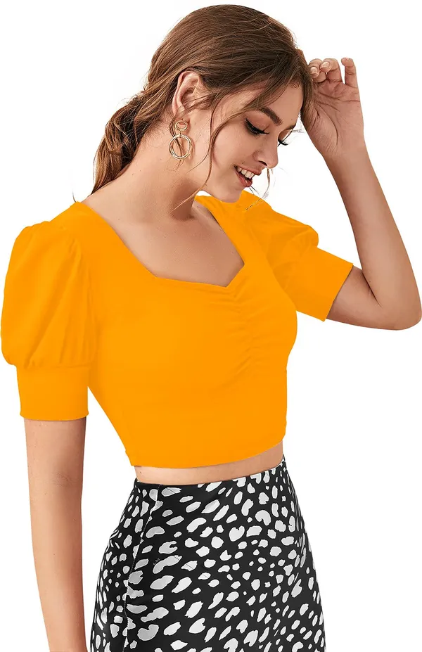 Yellow_Solid_Polyester_Square_Neck_Short_Sleeve_Crop_Top_For_Women