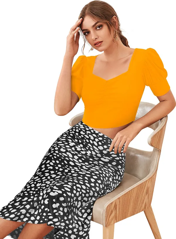 Yellow_Solid_Polyester_Square_Neck_Short_Sleeve_Crop_Top_For_Women
