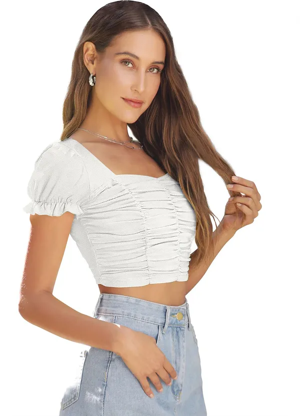 White_Solid_Polyester_Sweetheart_Neck_Short_Sleeve_Crop_Top_For_Women