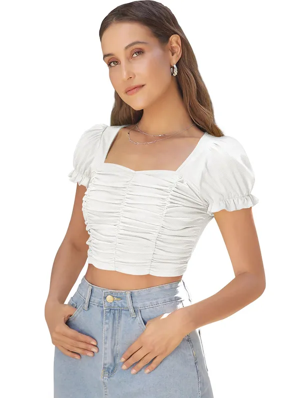 White_Solid_Polyester_Sweetheart_Neck_Short_Sleeve_Crop_Top_For_Women