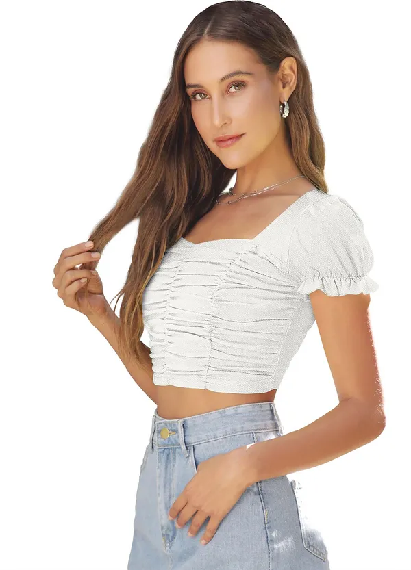 White_Solid_Polyester_Sweetheart_Neck_Short_Sleeve_Crop_Top_For_Women
