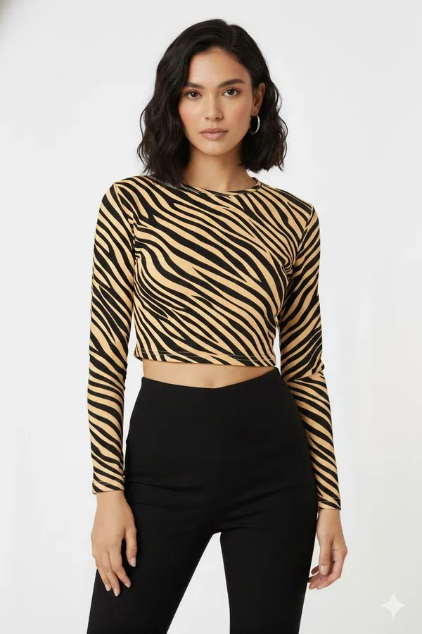 Beige_Animal_Print_Polyester_Round_Neck_Full_Sleeve_Crop_Top_For_Women