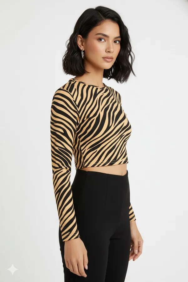 Beige_Animal_Print_Polyester_Round_Neck_Full_Sleeve_Crop_Top_For_Women