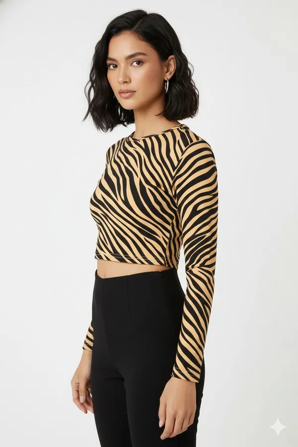 Beige_Animal_Print_Polyester_Round_Neck_Full_Sleeve_Crop_Top_For_Women