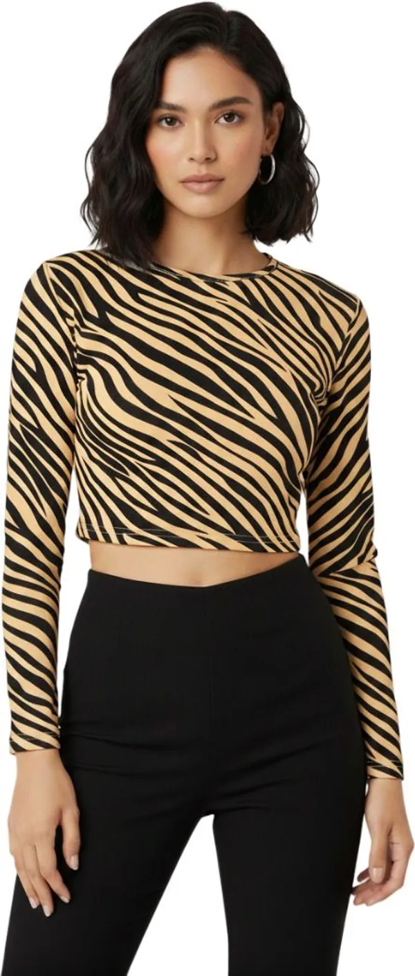 Beige_Animal_Print_Polyester_Round_Neck_Full_Sleeve_Crop_Top_For_Women