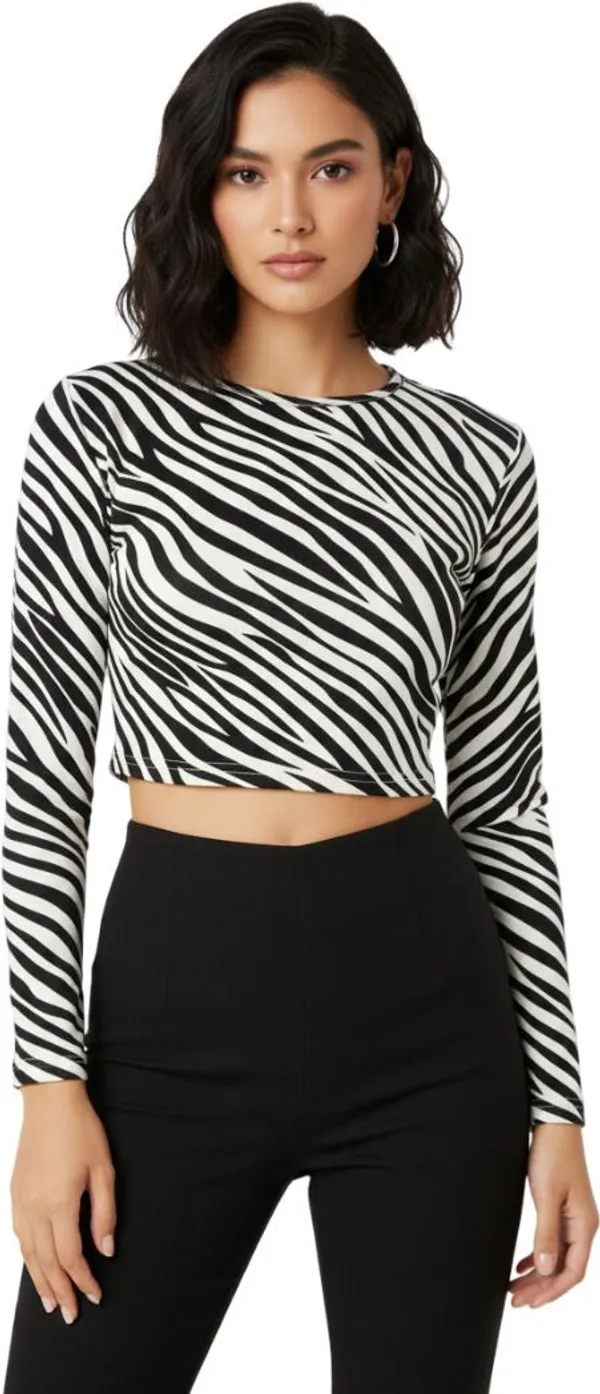 White_Animal_Print_Polyester_Round_Neck_Full_Sleeve_Crop_Top_For_Women