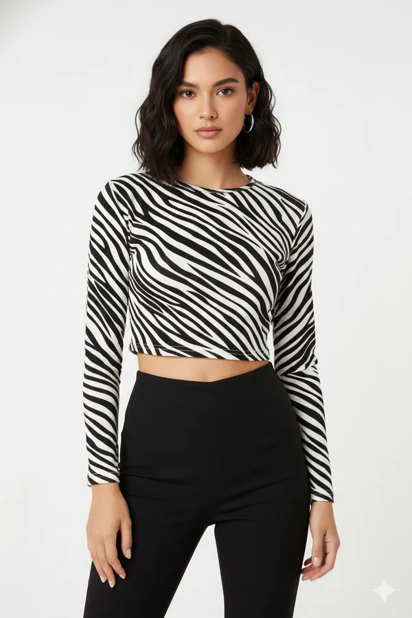 White_Animal_Print_Polyester_Round_Neck_Full_Sleeve_Crop_Top_For_Women