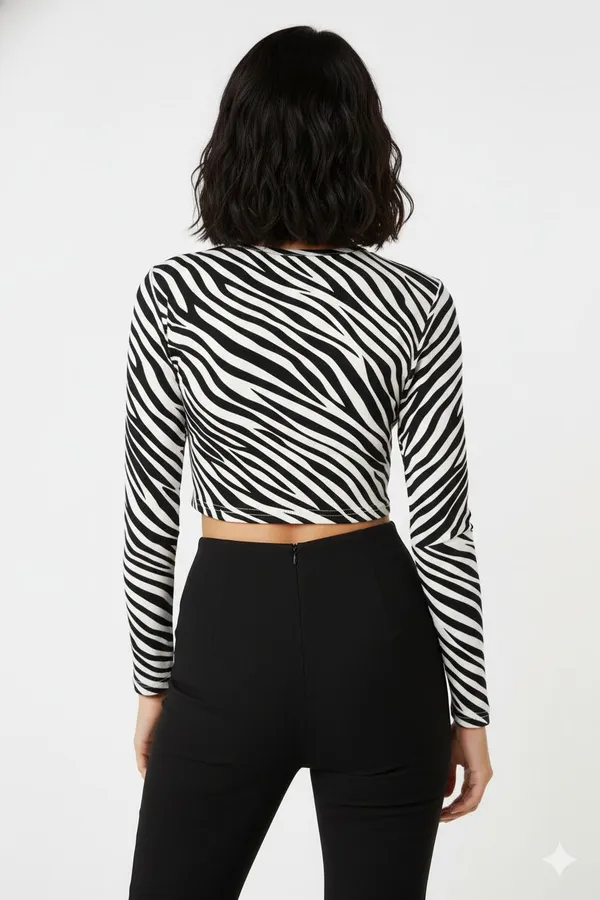 White_Animal_Print_Polyester_Round_Neck_Full_Sleeve_Crop_Top_For_Women
