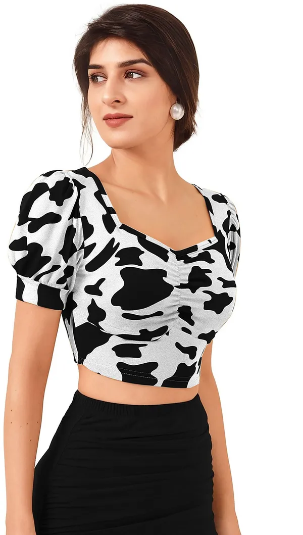 White_Animal_Print_Polyester_Sweetheart_Neck_Short_Sleeve_Crop_Top_For_Women