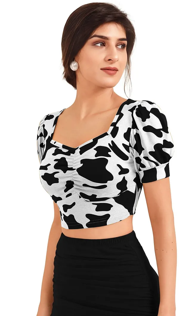 White_Animal_Print_Polyester_Sweetheart_Neck_Short_Sleeve_Crop_Top_For_Women
