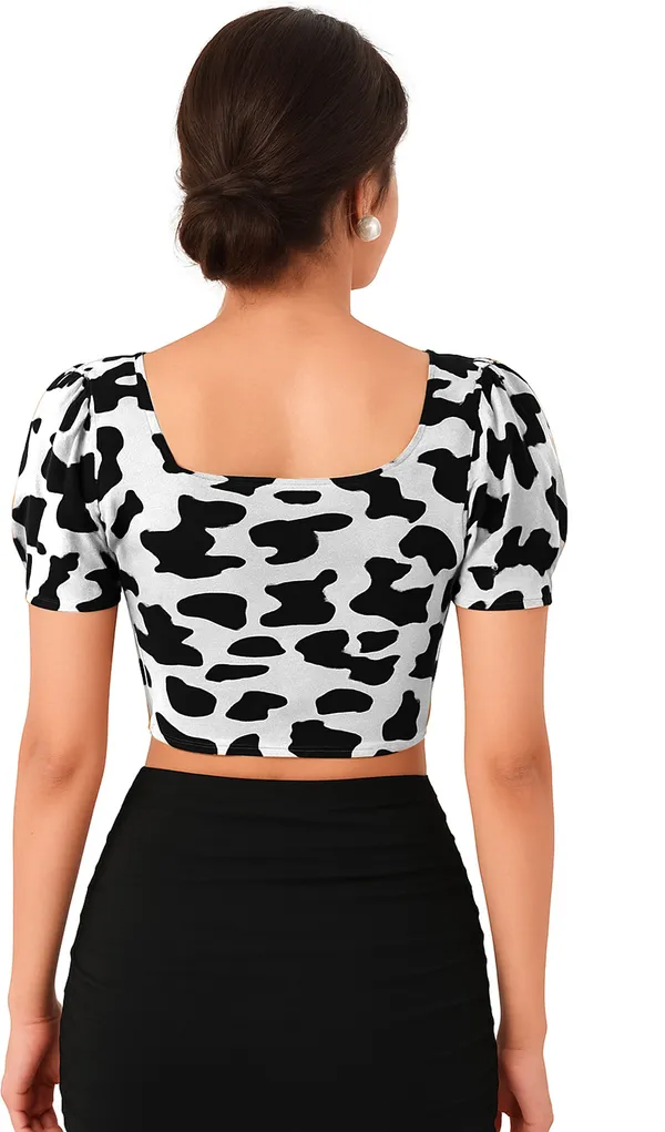 White_Animal_Print_Polyester_Sweetheart_Neck_Short_Sleeve_Crop_Top_For_Women