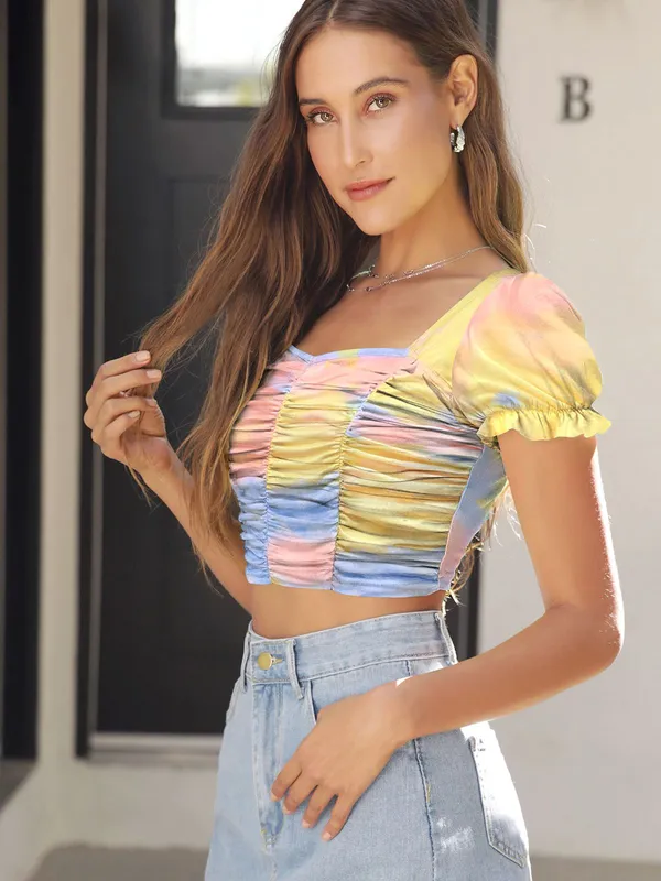 Multicolor_Tie_&_Dye_Polyester_Sweetheart_Neck_Short_Sleeve_Crop_Top_For_Women