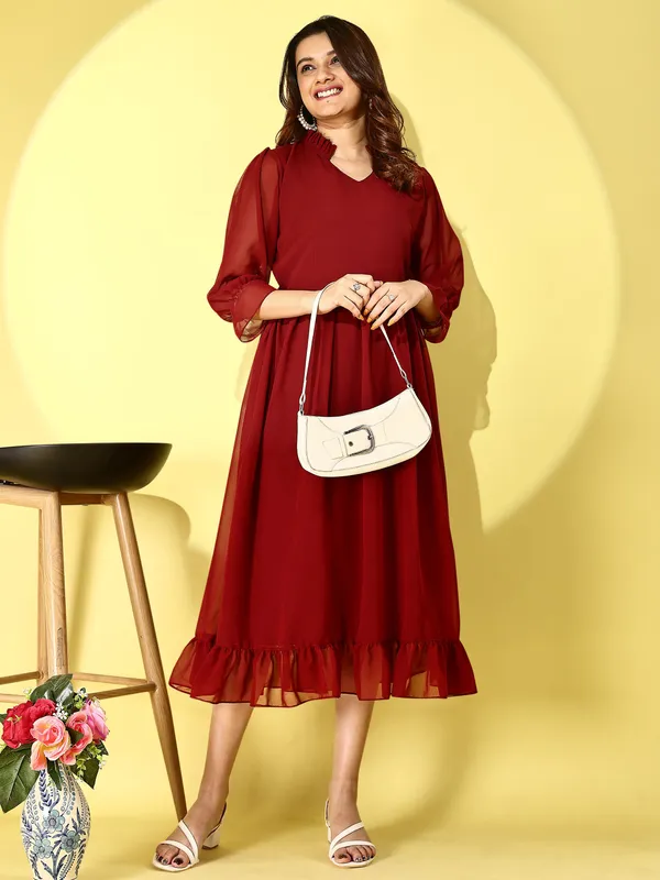 Maroon_Premium_Georgette_Solid_Dress_For_Women